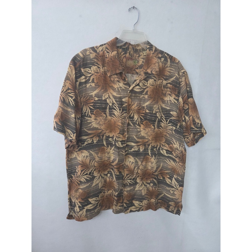 Caribbean Button Down Shirt Mens Large Brown Tropical Floral Linen Blend Camp